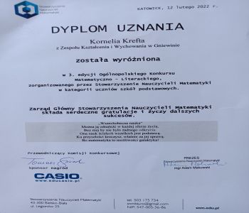 ,,Matematyka  fraszką,  wierszem  i limerykiem” – wyróżnienie dla Kornelii w Ogólnopolskim  konkursie  matematyczno – literackim. zdjecie 0